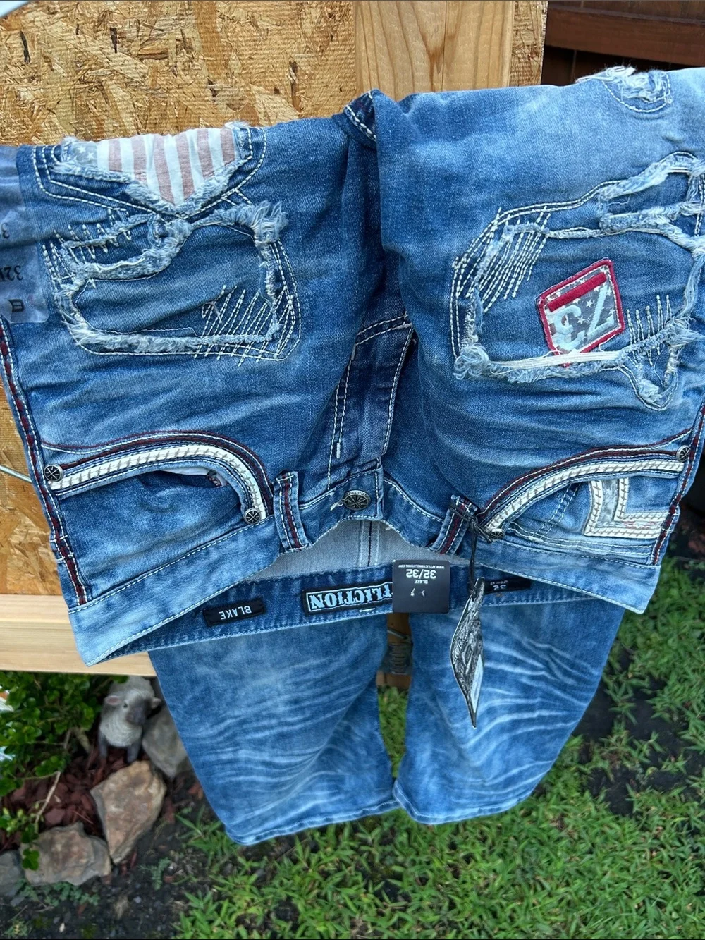 Affliction Blue Slim Straight Jeans with Embroidered Pocket Accents